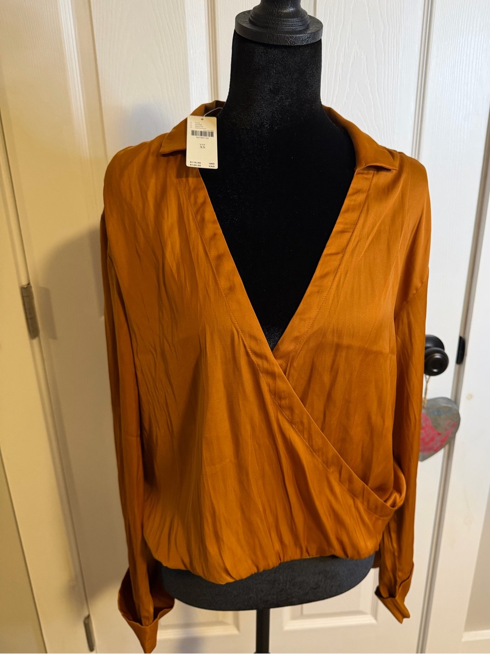 NWT By Anthropologie Copper Rust Satin Surplice Faux Wrap Blouse XS